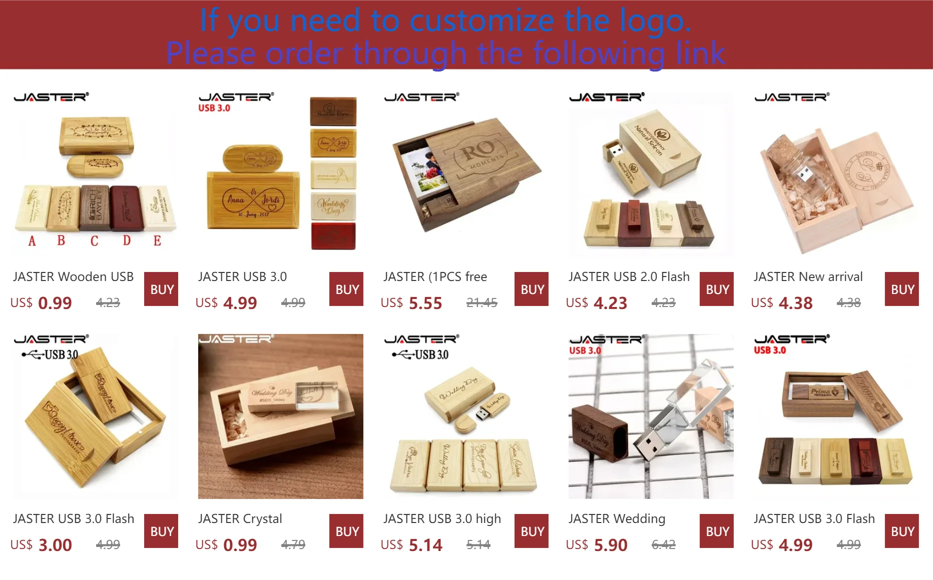 JASTER 10PCS/LOT Wooden Heart USB 2.0 Flash Drives 128GB  Free custom logo key chain Pen drive 64GB 32GB Business gift USB stick