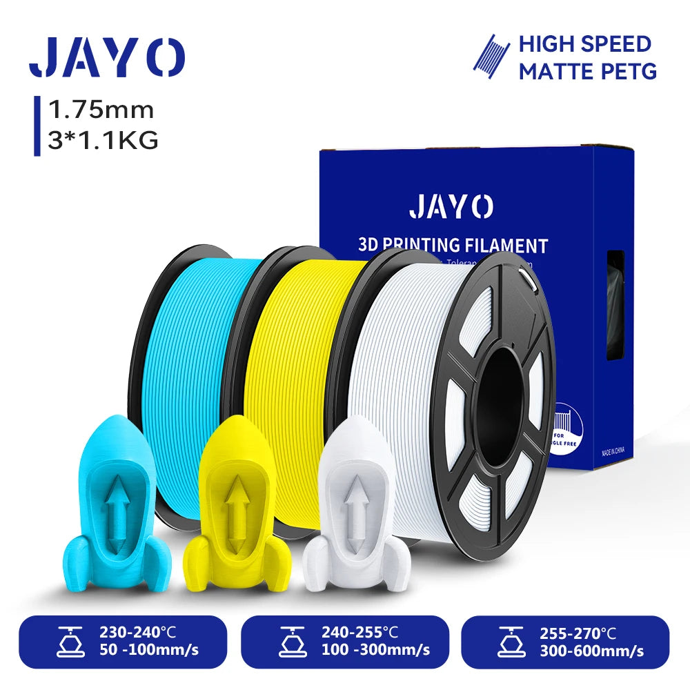 JAYO PETG/High Speed Matte PETG 3D Printing Filament 1.75MM Mix-Colors & No bubbles &Non-toxic For 3D Printer & Pen 3Rolls