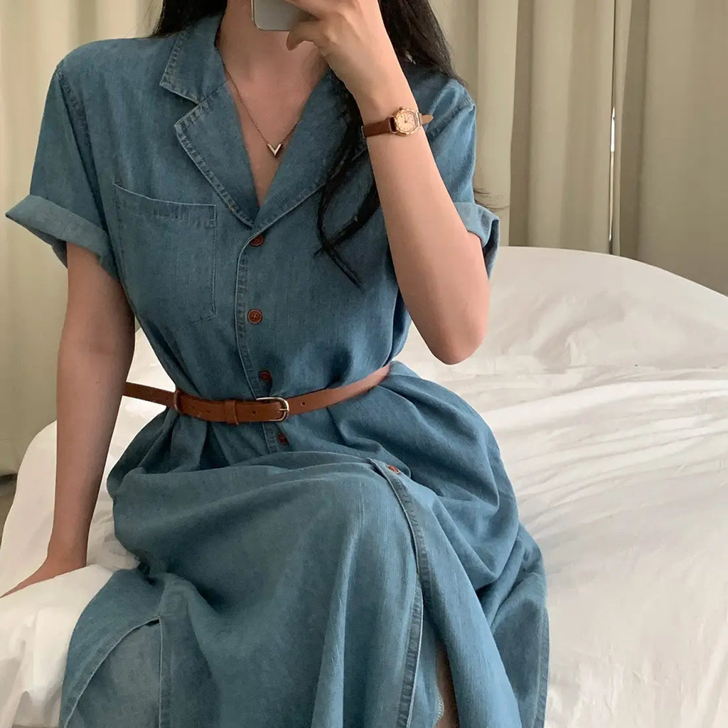 Slimming Chic Retro Chic Long Dr with Belt High Waist A-Line Skirt ort Sve Korean Sle Commute Dr Denim Dr