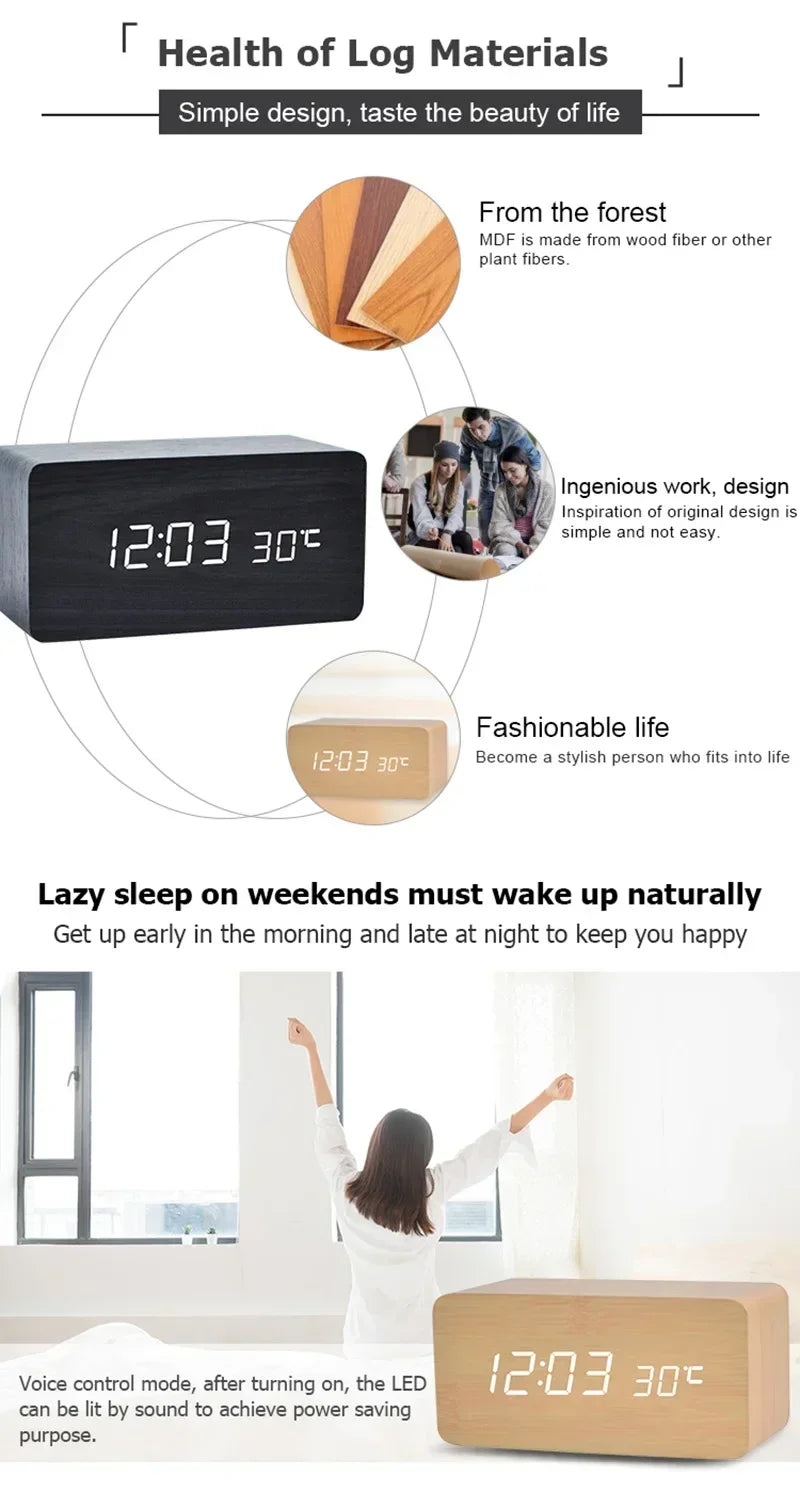 Digital Alarm Clock Wooden LED Table Clock with Temperature for Bedroom Office Travel Desk Decorations