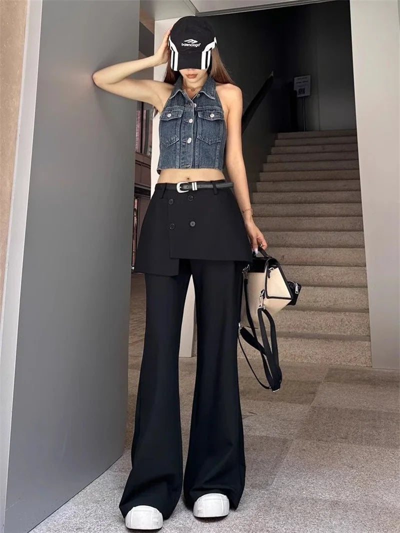 Korean Women's Apron Pants Short Skirt Patchwork Fashion High Street Fake Two Pants Solid Color High Waist Flared Pants 937P