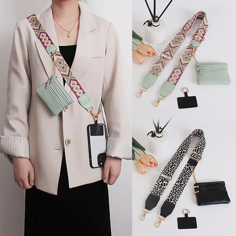 Phone Lanyard With Zippered Pouch Adjustable Perforation-Free Design Detachable Cross Strap