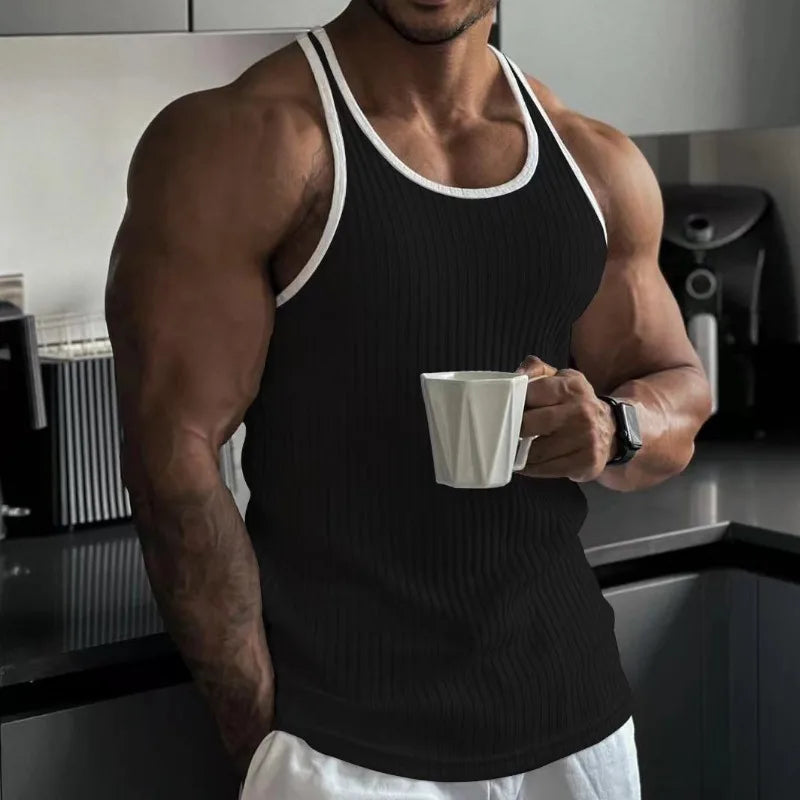 Summer Knitted Vertical Stripe Fitness Slim Vest for Men, Color-blocked Tank Top