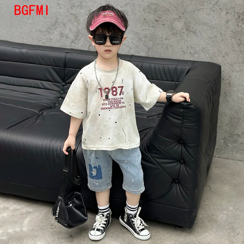 Summer Clothes Junior Boys Outfit Set Kids Outdoor Clothes for Children Letter Short Sleeve T-shirts + Denim Shorts 2 Piece Set