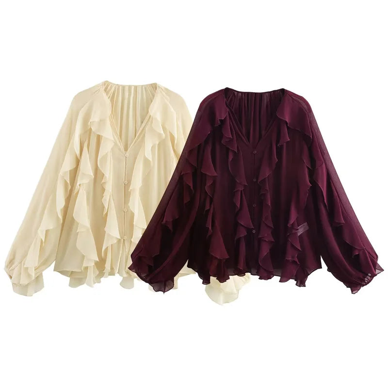 HXAO 2025 Shirts & Blouses Ruffle Elegant Women's Shirt Spring Long Sleeve Plain Shirts Women Semi Transparent Blouses For Lady