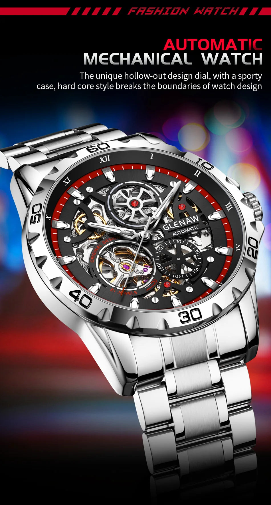 2025 GLENAW NEW Steampunk Skeleton Men Watch Luxury Automatic Mechanical Watches Luminous waterproof Stainless Steel Strap Watch