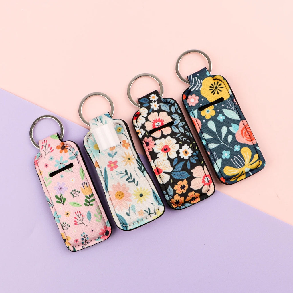 Flowers Clip On Lipstick Holder Keychain Daisy Print Simple Style Keyring Trendy Lip Balm Key Chain Bag Charms Accessories