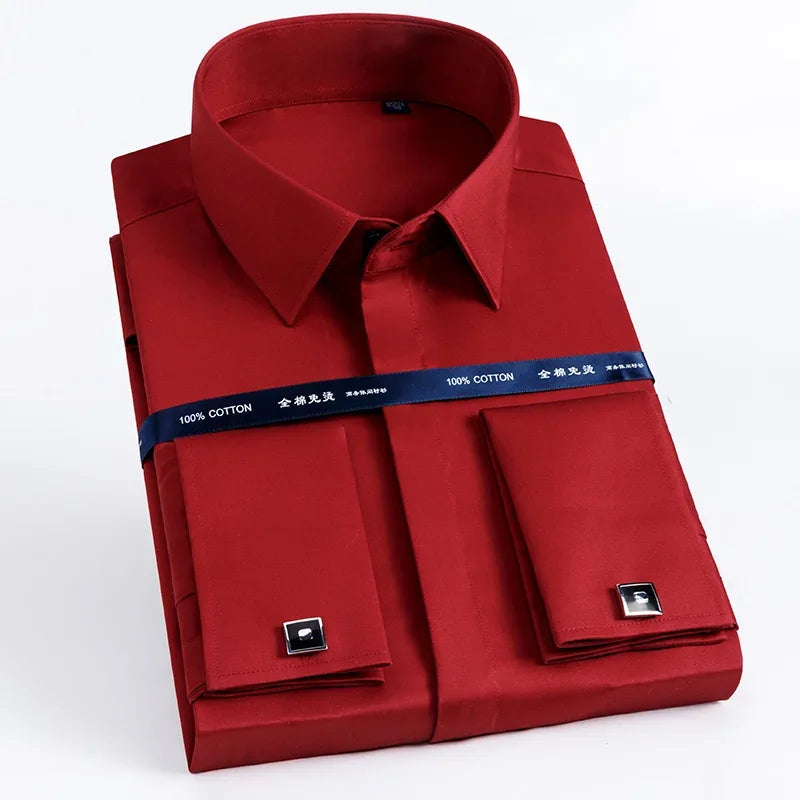 2026 Iron Free French Cufflink Long Sleeves Slim Fit 100% Cotton  Men's Concealed Buttons Solid Color High-end Wedding Dress