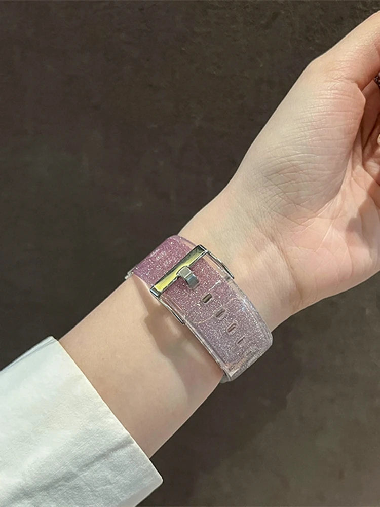 Luxury Glitter Clear Band For Apple Watch Strap 41mm 45mm 44mm 40mm 38mm Girl Sport Plastic Starp For iWatch 9 8 7 6 5 4 3 2 SE