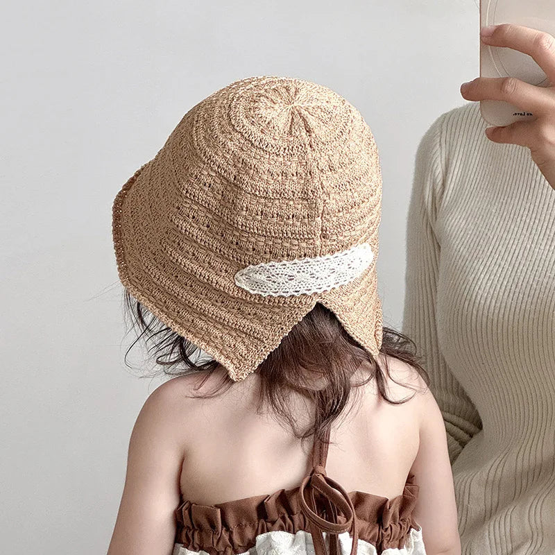 Summer Baby Girl Straw Hat Lace Bowknot Sunscreen Kids Panama Cap Outdoor Beach Sunshade Bucket Hats