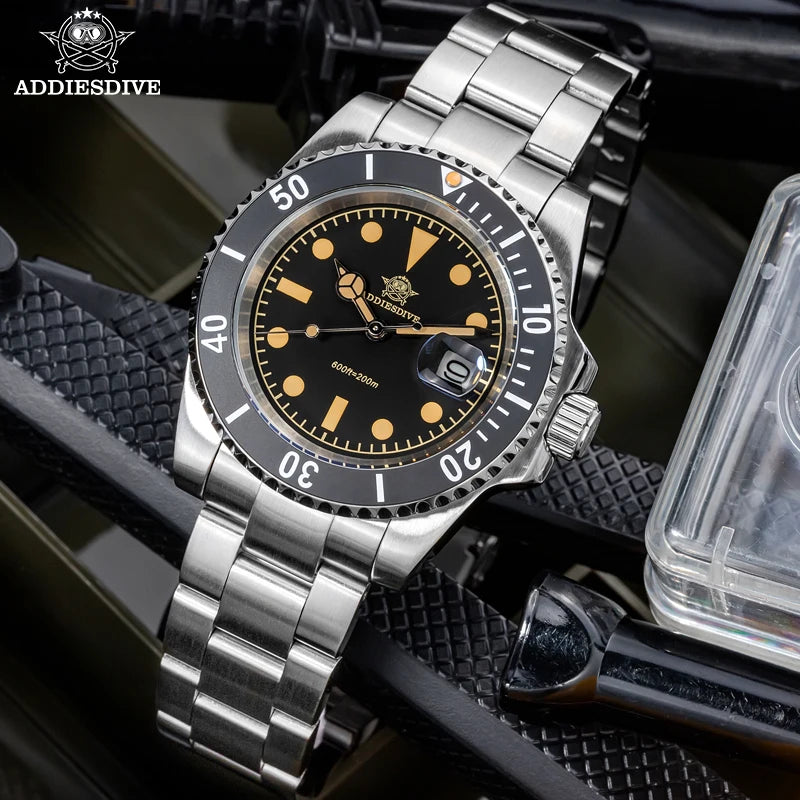 ADDIESDIVE AD2054 Stainless Steel Quartz Watch 200M Dive Watches Green Luminous Men's WristWatches Waterproof Relojes Masculino