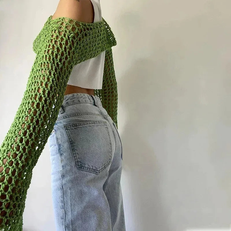 JOEVILU Cropped Knit Top Oversized Slimming Mesh Sunscreen Cover-Up Women's Thin Long Sleeve Breathable Sun Protection Blouses