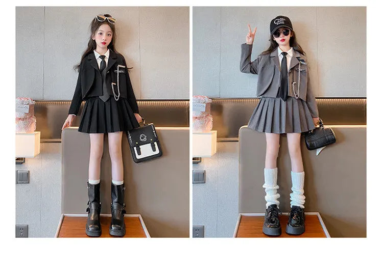 Junior Girl JK School Uniform Set Unique Formal Chain Smart Jackets and Pleated Skirt 2Pcs School Kids Child Uniform Blazer Suit