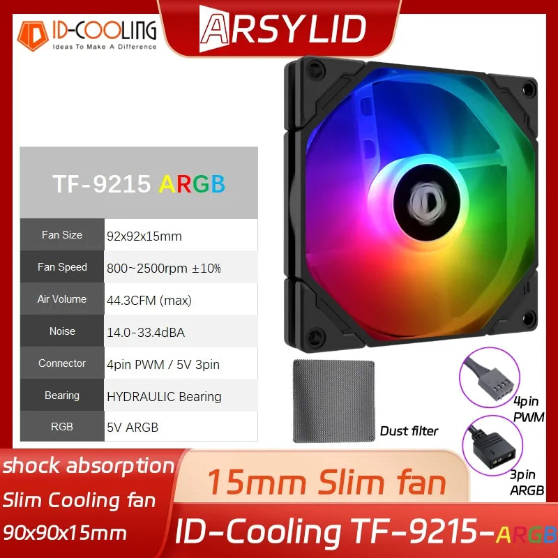 ID-COOLING TF-9215 9015 ARGB Super Slim Thinckness 15mm Ultra-Thin PWM Temperature Control 9cm Chassis Cooling Fan 5V RGB