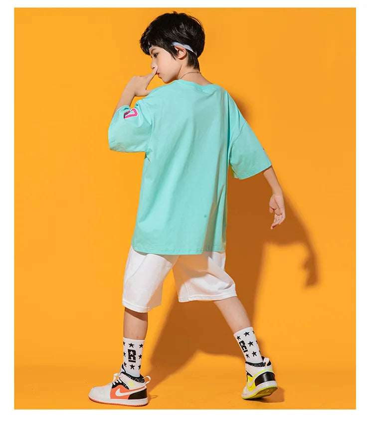 Boys Street Dance Blue T-shirt Shorts Girls Hip Hop Crop Top Skirt Outfits Kids Summer Costume Clothes Sets Children Streetwear