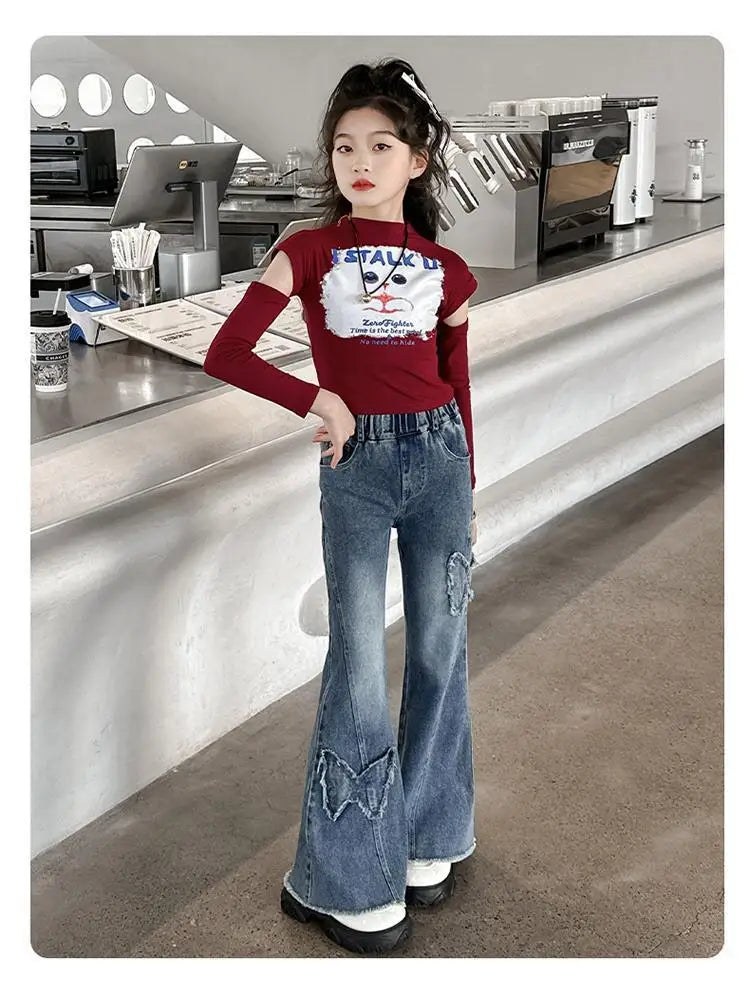 New Junior Girls Denim Pants Ins Bow Patchwork Children Girls Flared Pant Loose Elastic Waist Casual 4-14Y School Girls Trousers