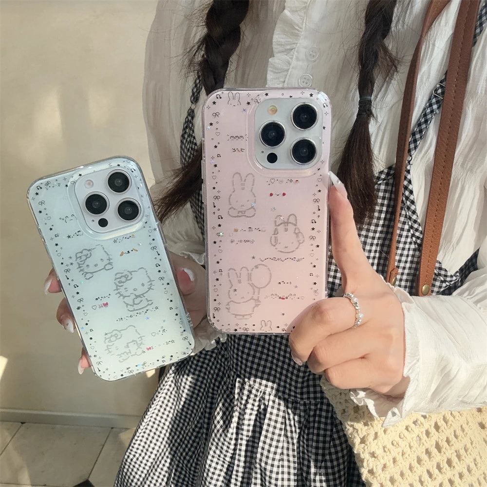 Luxury Glitter Pink Case For iPhone 13 12 11 14 15 16 Pro Max 16 Plus Cartoon Bling Transparent Shockproof Hard PC Bumper Cover