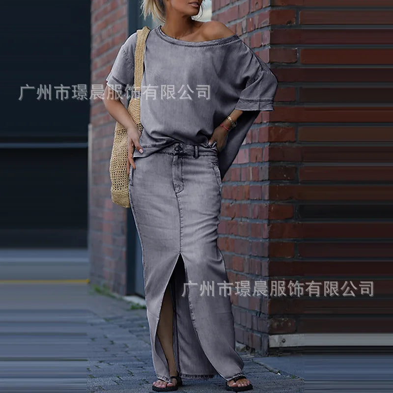 Denim Blue Fashion Split Skirt 2 Piece Set Casual Loose Off-the-shoulder Top + Slim Elegant Pencil Skirt Two-piece Set Women's