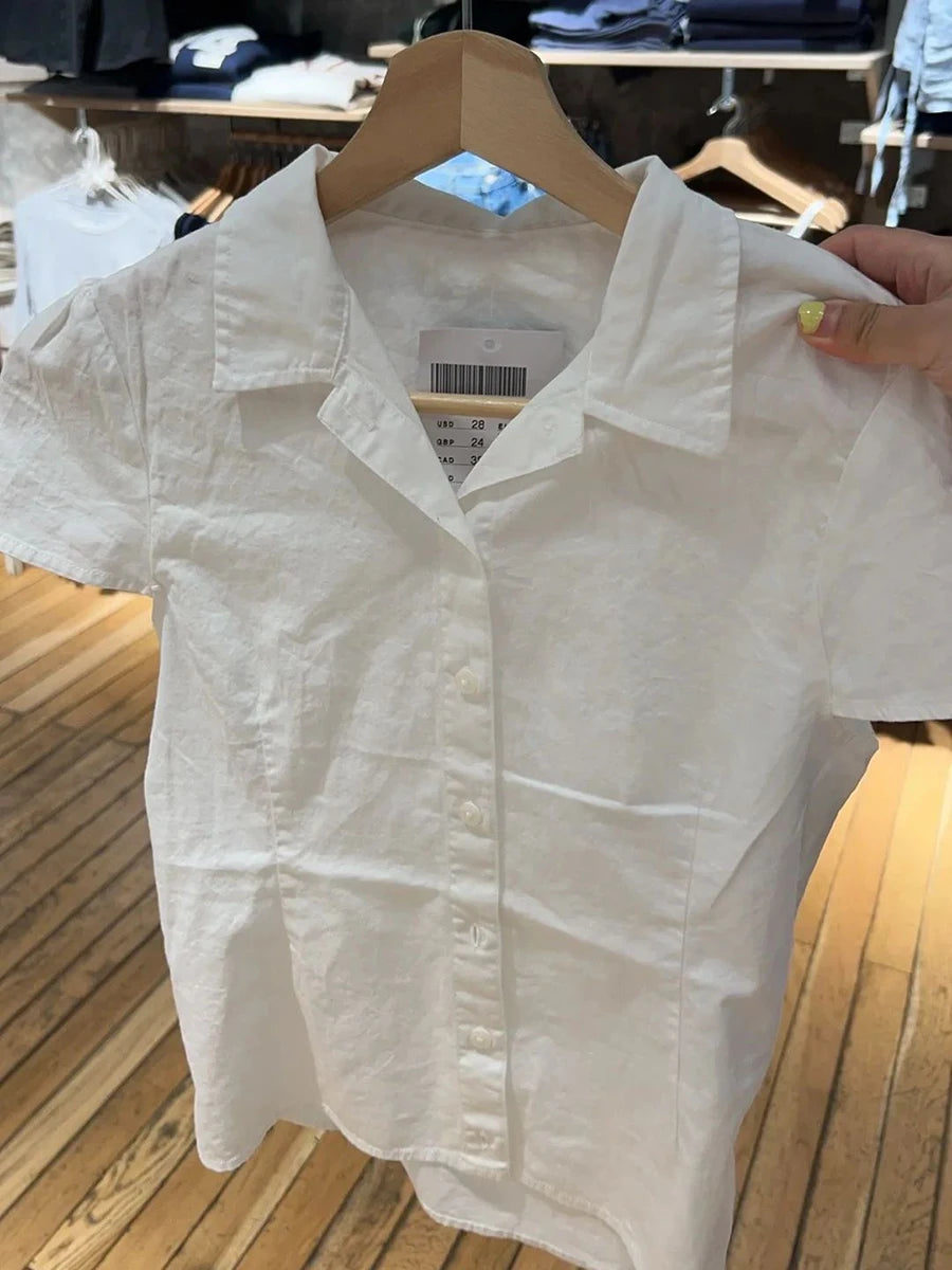 Back Lace-up White Blouse Women Peter Pan Collar Slim Short Sleeve Blouses Summer Casual Simple Sweet Chic Y2k Top Shirts Femme