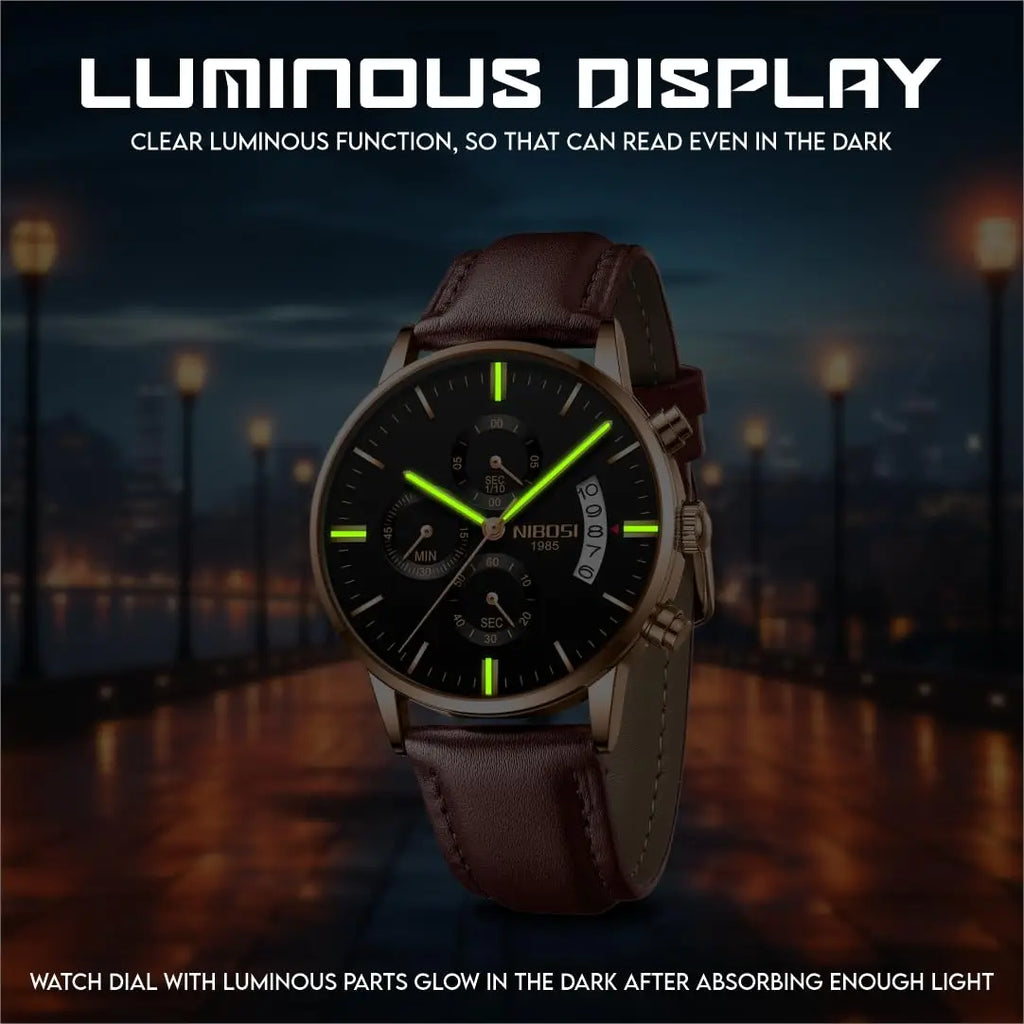 NIBOSI Watches Men Sport Quartz Watches Waterproof Chronograph Wrist Watch Gift Three-Eye 6-Pin Solid Leather Belt Watch Relogio