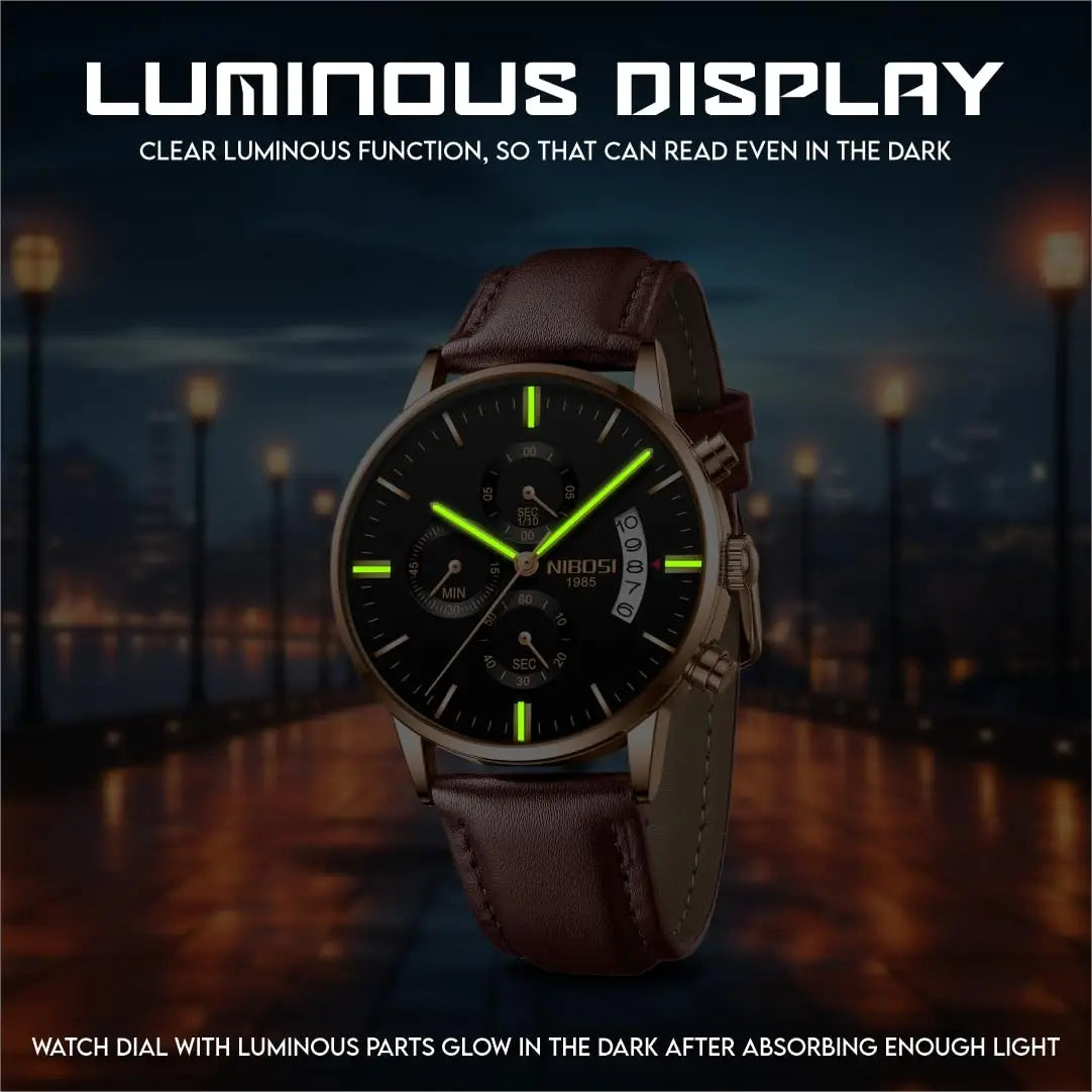 NIBOSI Watches Men Sport Quartz Watches Waterproof Chronograph Wrist Watch Gift Three-Eye 6-Pin Solid Leather Belt Watch Relogio