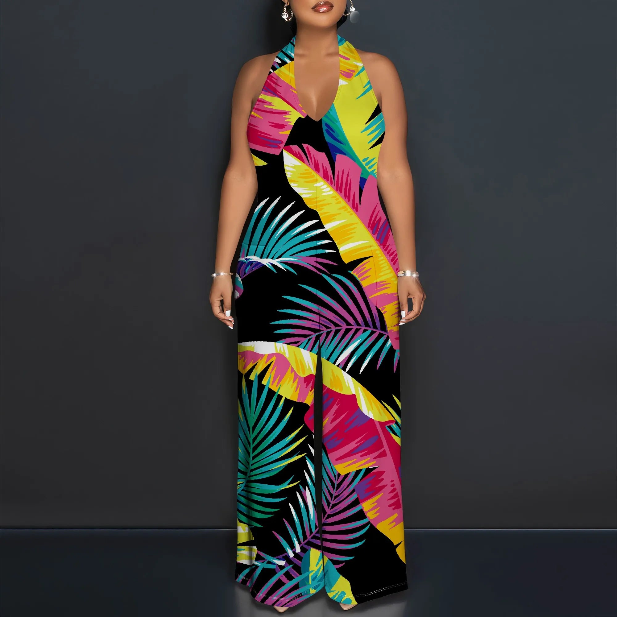 Vacation Leaf Print Halter Jumpsuit - Tie Neck Wide Leg Palazzo Beach Romper