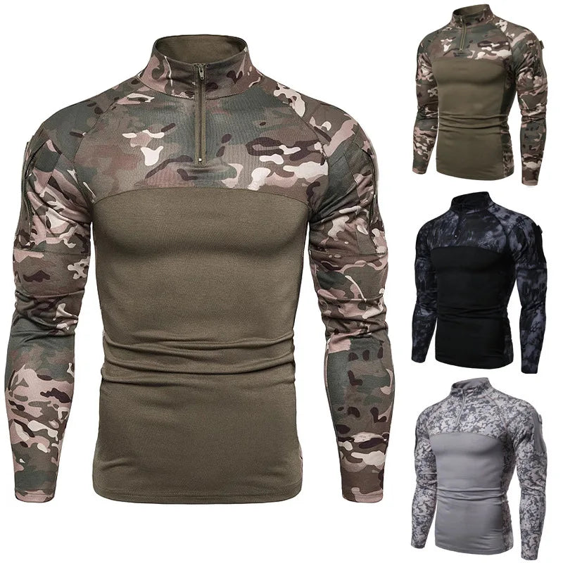 Men's Military Camouflage Outdoor Stretch Fitness Long Sleeve T-shirt with Zipper Pocket Men's Clothing