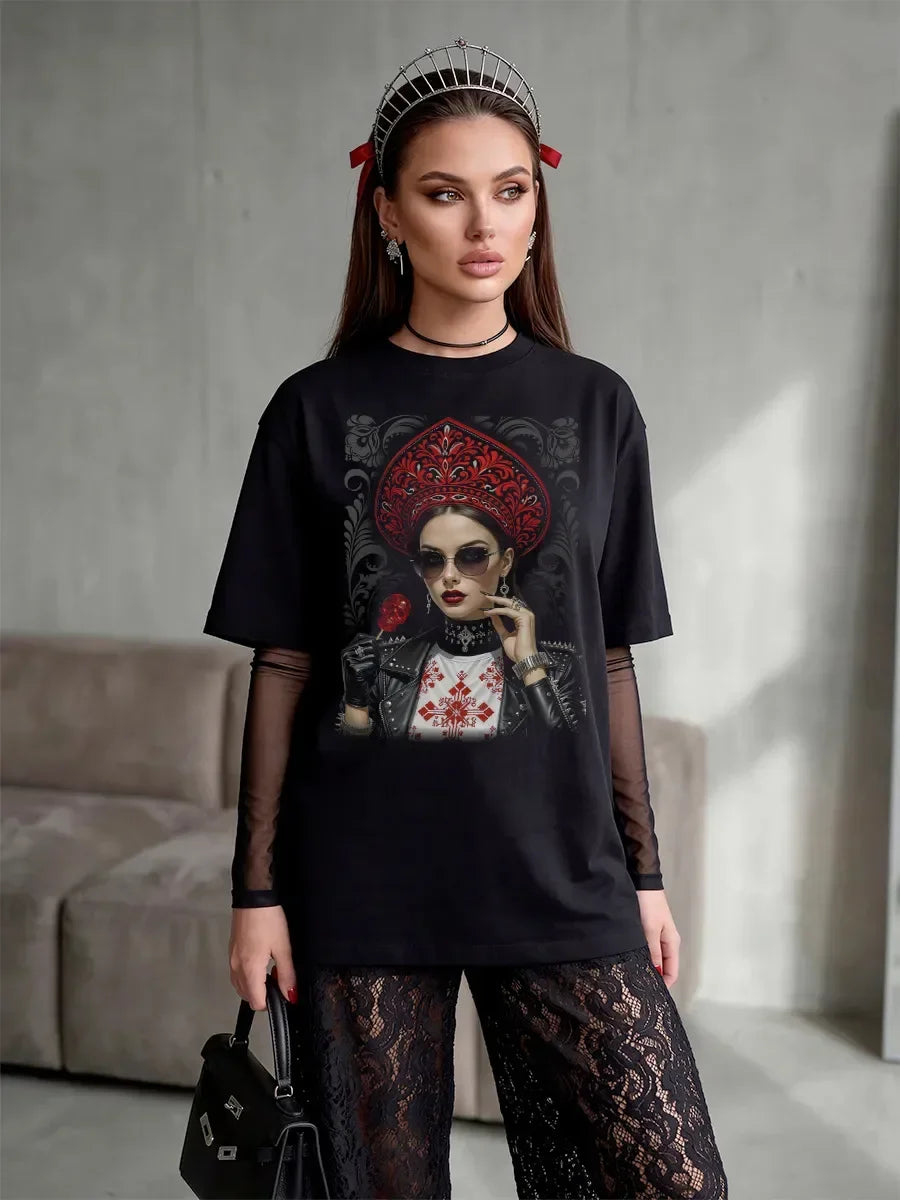 "Russian Girl" Graphic Oversized T-Shirt Modern Folk Art Print Soft Cotton Casual Tee Fashion Streetwear High Quality Summer Top