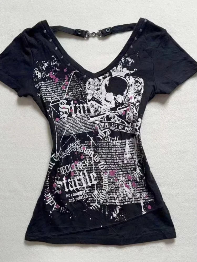 American Vintage Fake Two Pieces T-Shirt Women Streetwear Hip Hop Gothic Harajuku Grunge Y2k Crop Tops Black Skull Punk Tees
