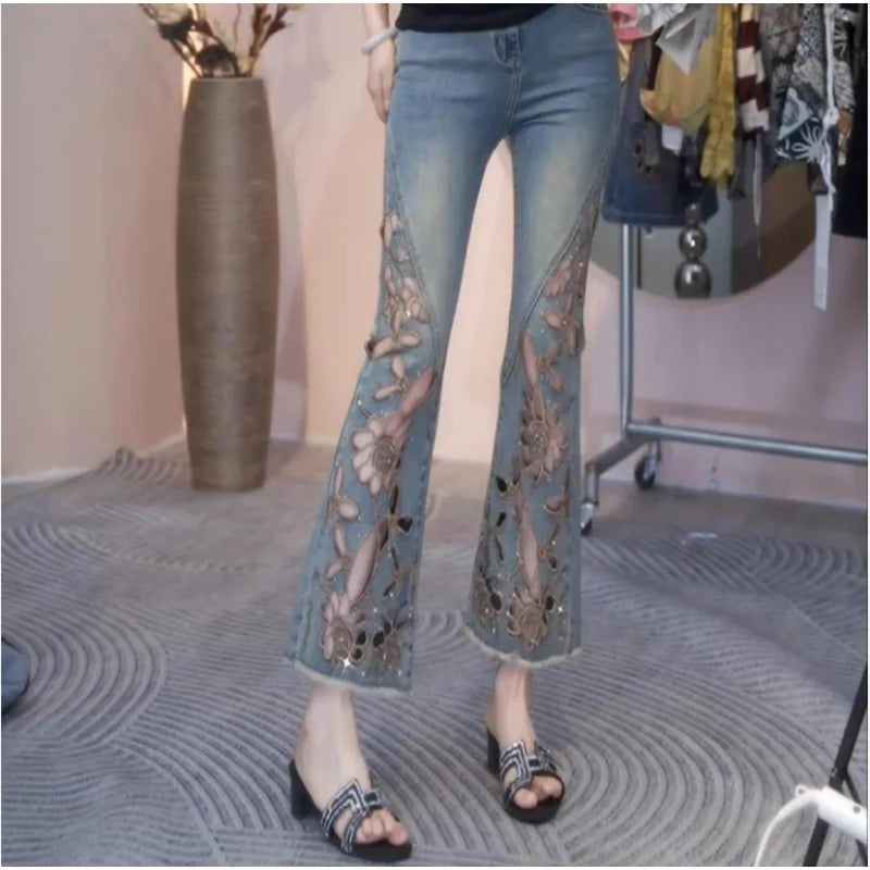 Summer 2026 New Fashion Hollowed-out Embroidered Brick Jeans for Women, High-waisted, Form-fitting 9-inch Slightly Flared Pants