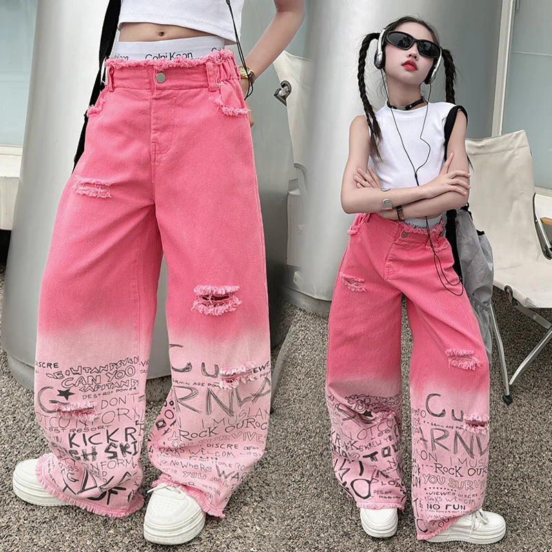 junior girls pink gradient color hole wide leg jeans cotton teenager kids Mop pants pant children trousers adolecentes 4 12 14
