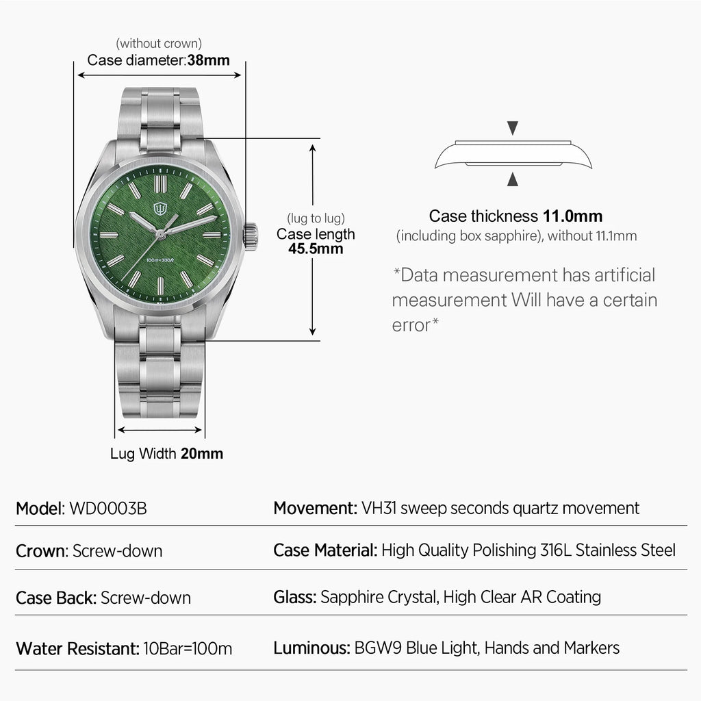 Watchdives New WD0003B ‌Aventurine Dial Watch VH31 Sweep Movement Sapphire Crystal Luminous 100m Waterproof 36mm Vintage Watche