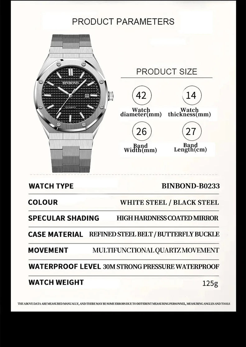 BINBOND 0233 Luxury Fashion Men's Quartz Watch Stainless Steel Large Dial Waterproof Night Light Men's Watch Clock