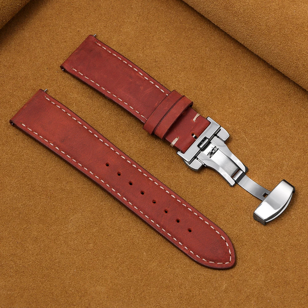 Genuine Calfskin Leather Watchband for Seiko for Omega Business Watch Band 14/16/18/20mm 22mm Butterfly Buckle Stitching Straps