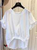 Woherb Cotton Asymmetrical Crop Blouse Women Korean Pleated Bow Bandage Shirt Casual O-neck Solid Elegant Blusas Mujer Moda 2026