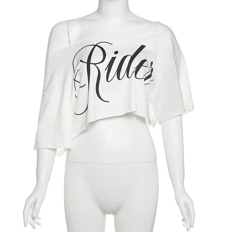 SylCue Letter Print Oversized T-shirt Women Skew Collar Short Sleeves Off Shoulders Irregular Hem Hip-hop Style Trend Crop Tops