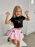 Kids Girls 2-Piece "I'm just a girl" Letter Print Crop T-shirt & Bow Decor Bubble Skirt Set Summer Casual Coquette Style Outfit