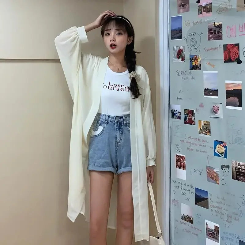 Long Shirts Women Summer Girls Sunscreen Clothing Seethrough Thin Loose Solid Simple Leisure All-match Korean Style Chiffon Tops