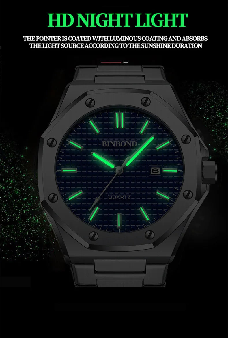 BINBOND 0233 Fashion Men's Watch Alloy Strap with Octagonal Screw Quartz Movement High end Quartz Men's Watch 2025