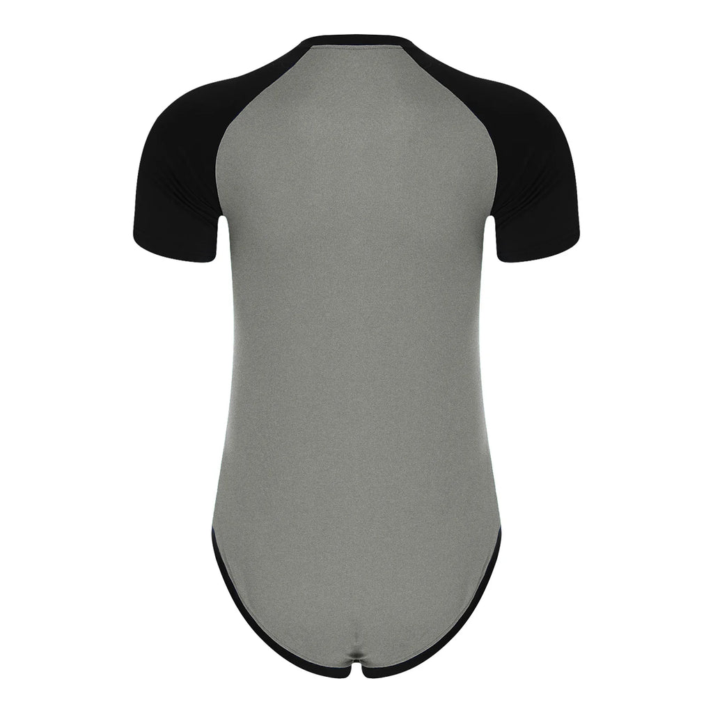 Men Workout Fitness Gym Sport Bodysuit Short Sleeve Openable Crotch Patchwork Jumpsuit for Workout Gym Sports Swimming Outfits