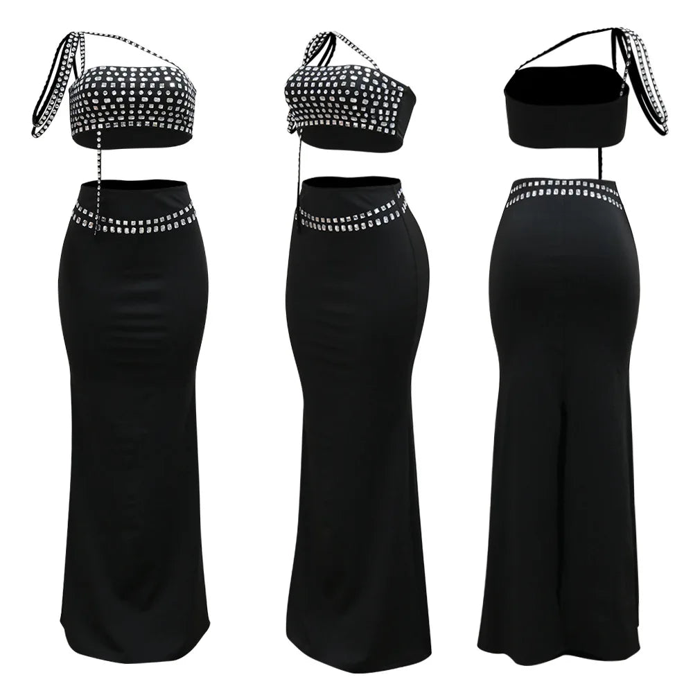 Women Dress Sets Floor Length Buttocks Skirts Two Pieces Set Matching Sets Diamonds Camisole High Street Party Night Evening