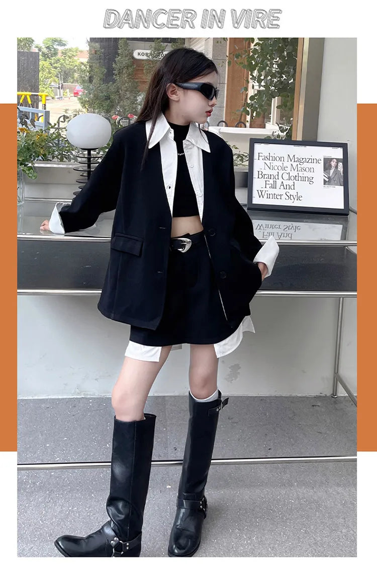 Girls' Suit Set Ages 5-14 Trendy Spliced Two-Piece Outfit with Jacket And Short Skirt for Children's Fashion Shows Machine Wa...