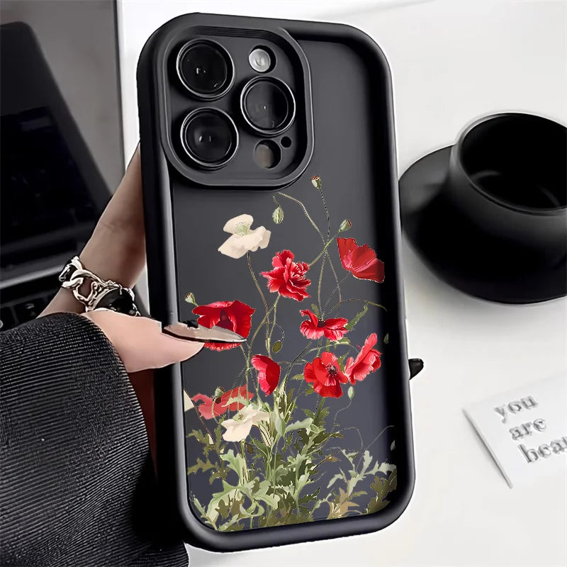 Matte Silicone Flower Phone Case For iPhone SE 2020 2022 16 15 14 13 12 11 Pro Max XR XS X 7 8 Plus Shockproof Soft Cover Fundas