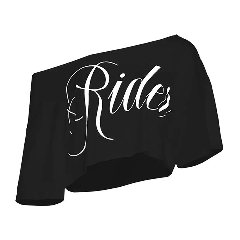 SylCue Letter Print Oversized T-shirt Women Skew Collar Short Sleeves Off Shoulders Irregular Hem Hip-hop Style Trend Crop Tops