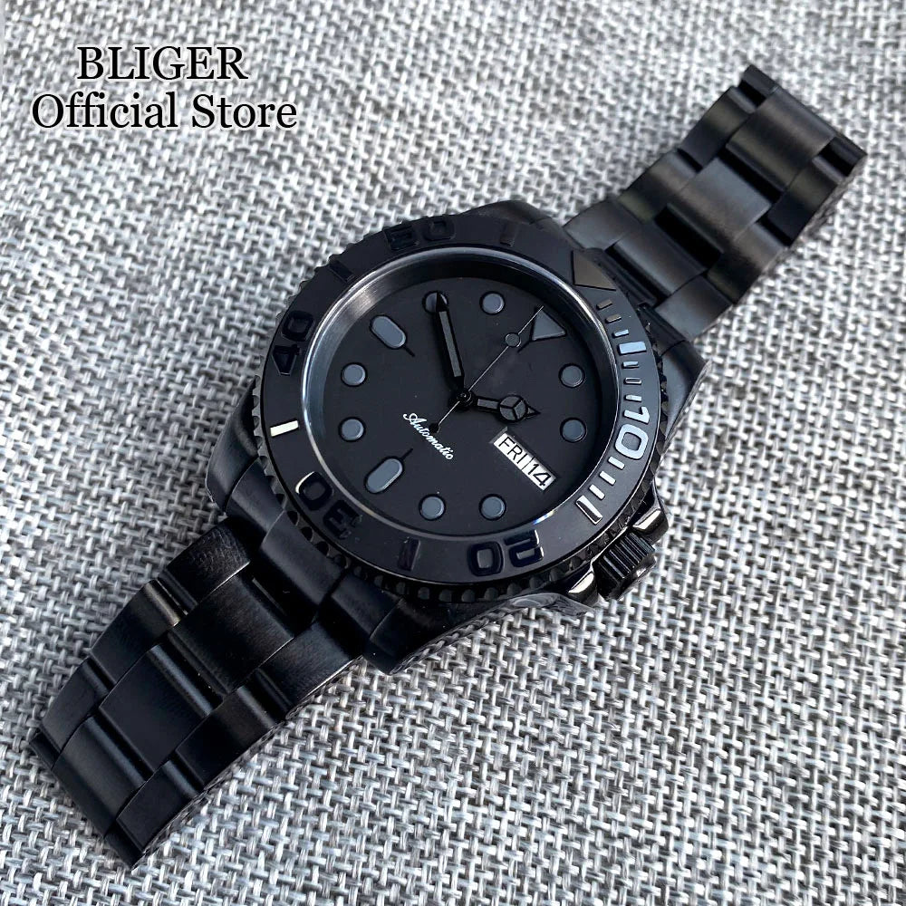 Tandorio 200M Waterproof NH36A Vintage Black Dial Automatic Men Swim Diver Watch PVD Case Date Week Display Rubber Band