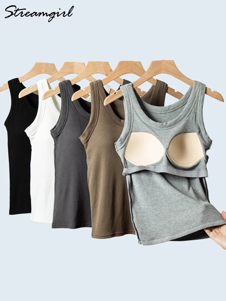 Women Thread Tank Tops With Built In Bra Padding Summer 2025 Trend Solid Outerwear Camisole Stretch Sleeveless White Tops Women