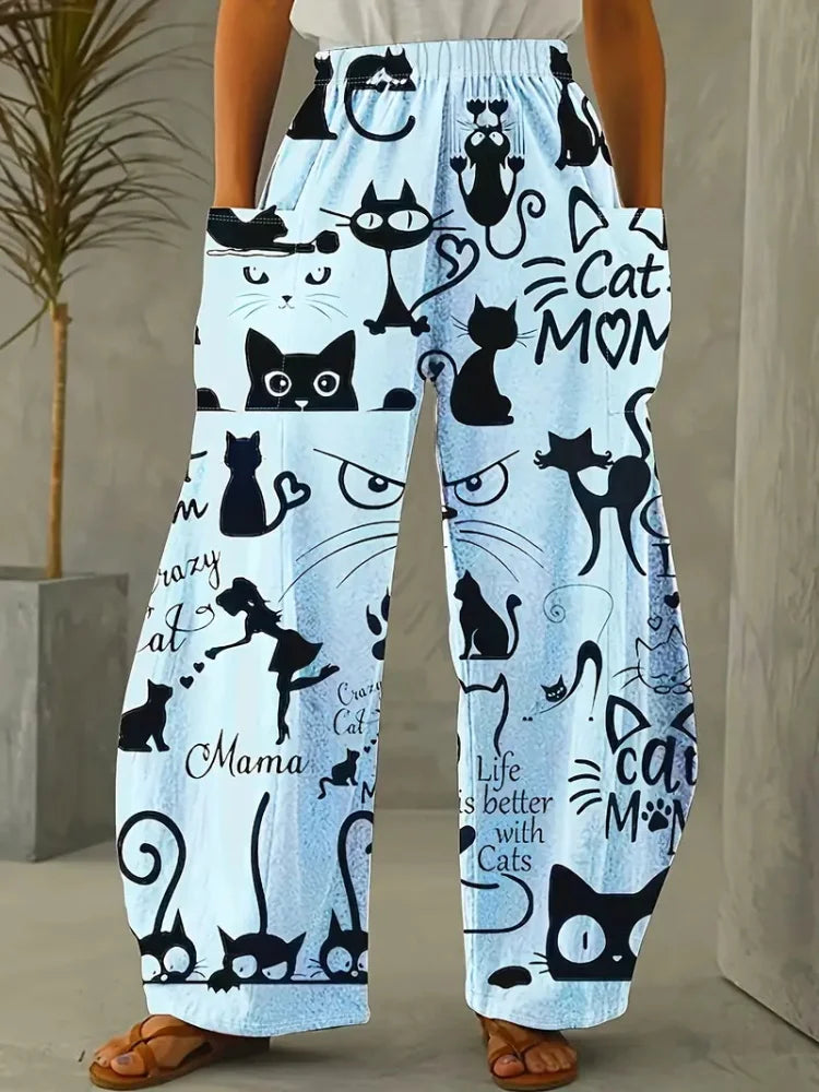 Loose Vintage Pants For Women Have Pocket Pants Cartoon New Fun Cat Animal Print Casual Women's Bloomers And Trendy Pants