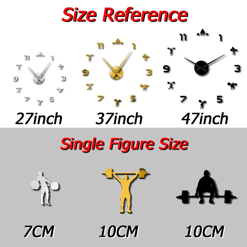 Weightlifting Fitness Room Wall Decor DIY Giant Wall Clock Mirror Effect Powerlifting Frameless Large Wall Clock GYM Wall Watch