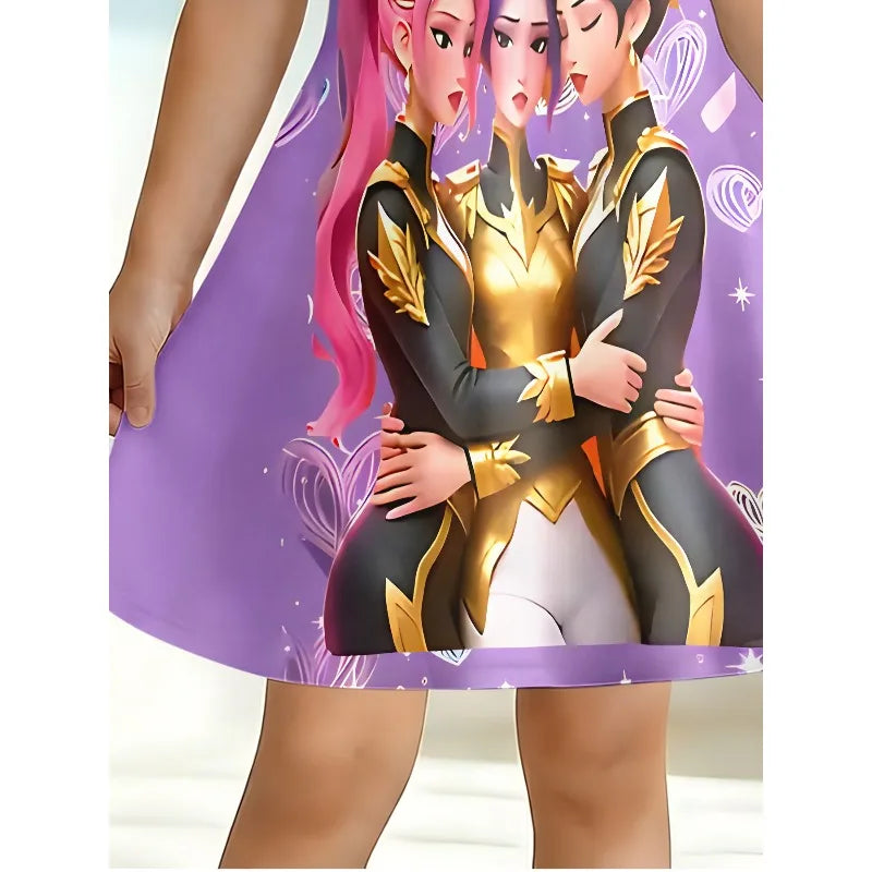 Girl Anime Girl Group Printed T-shirt Dress, Children's Party Purple Heart Casual Dress Suitable for Birthday Gifts