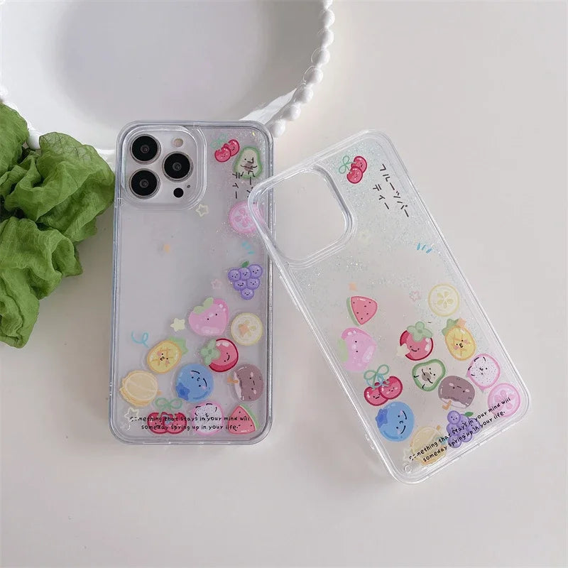 Fruit Floating Icons Quicksand Case for iPhone 16 15 Pro Max Clear Hard Plastic Protective Coque Liquid Sand Cover Phone Housing